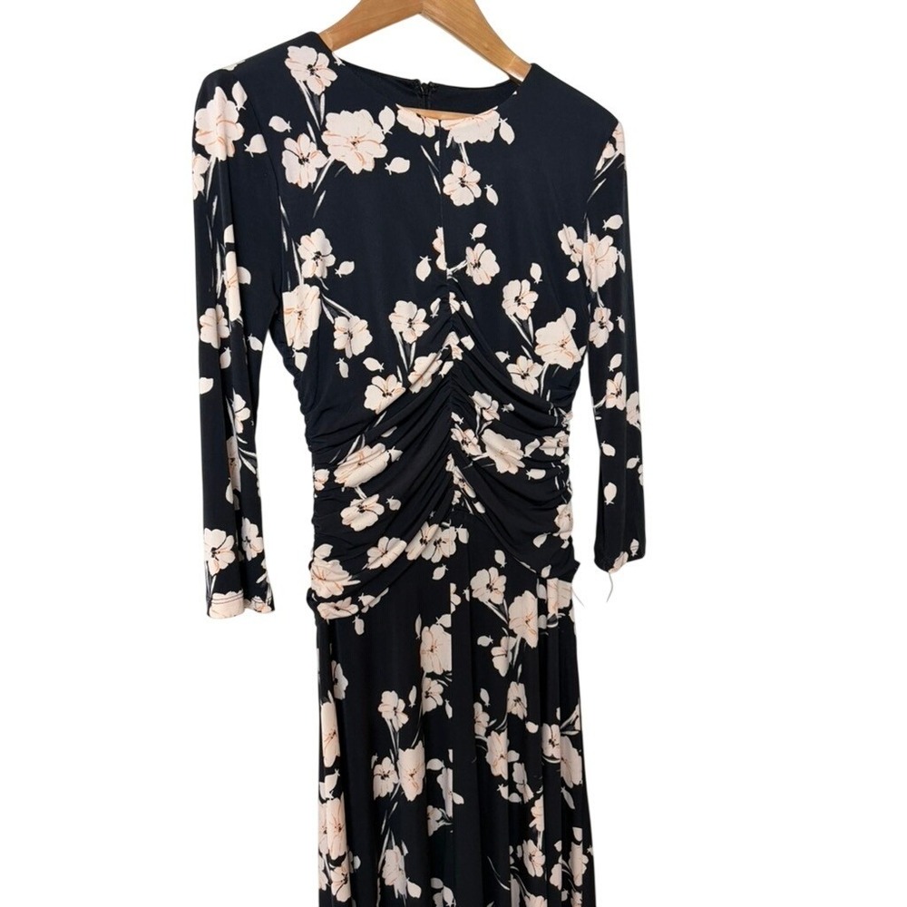 Maggy London Floral Ruched Midi Dress Black Coral Size 0 NEW - Picture 3 of 7